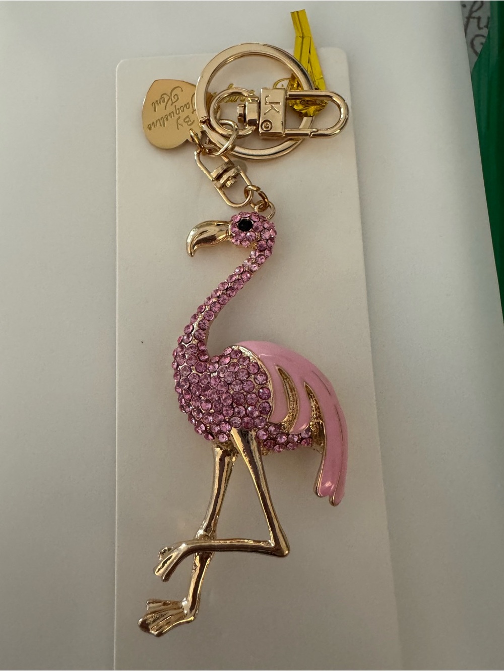 Pink Rhinestone Flamingo Keychain - Gold Hardware